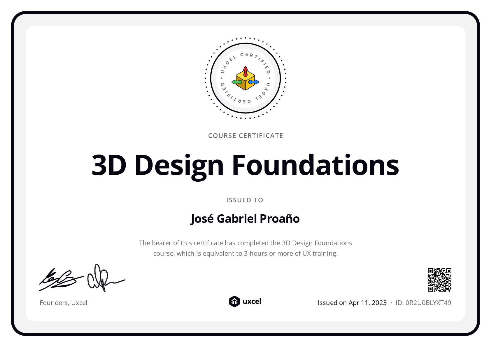 José Gabriel Proaño's certificate